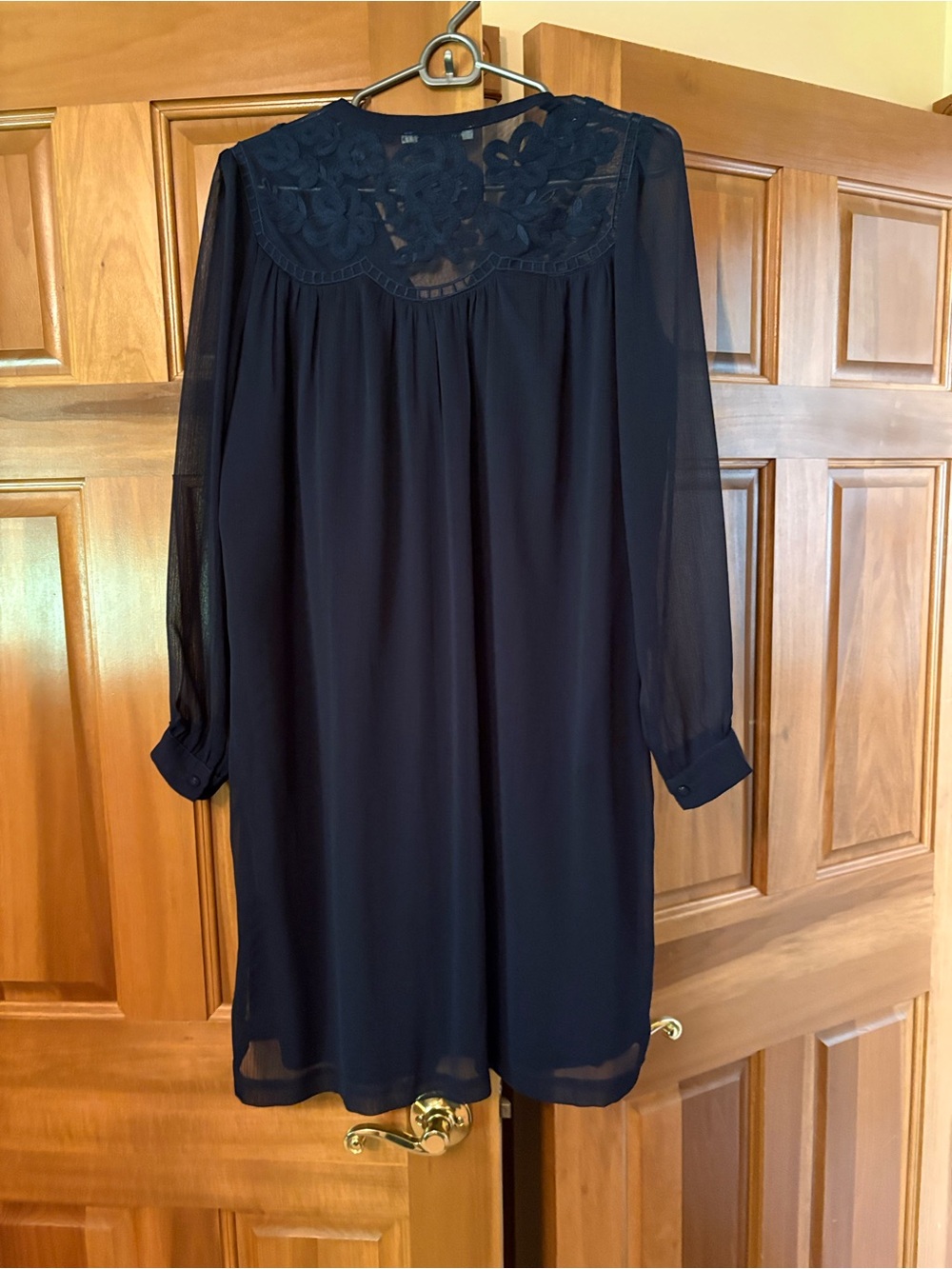 Long-Sleeve Navy Chiffon Dress with Lace Yoke